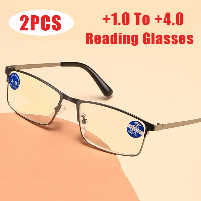 

2PCS Men's Classic Business Reading Glasses Fashionable Metal Half-Frame Presbyopia Glasses with Plus Diopters +1.0 To +4.0