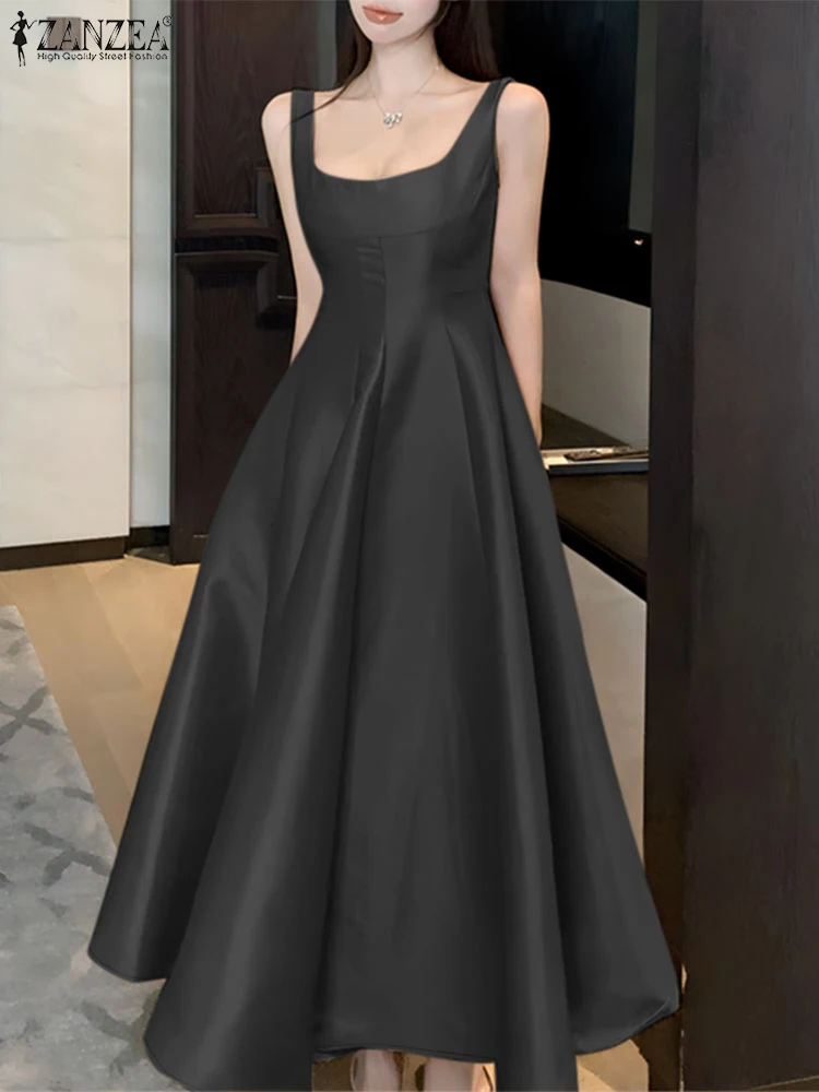 Stylowa damska długa sukienka seksowna sukienka bez rękawów ZANZEA elegancka kwadratowa szyja satynowa sukienka letnia szata Femme Clubbing Vestidos 2025