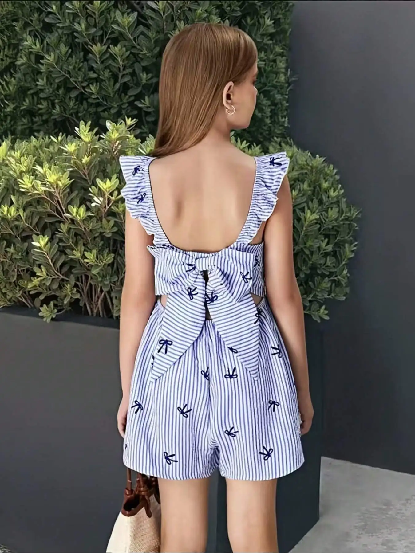 Children's Sleeveless Bow Printed Jumpsuit with Ruffle Edge Suspender Casual Elegant Casual And Elegant Ruffle Edge