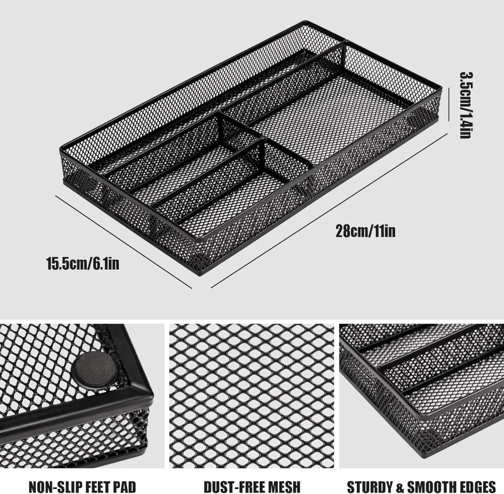 Desk Drawer Organizer Tray, 4 Compartments, Non-Slip, Metal Mesh, for Office Home School Supplies