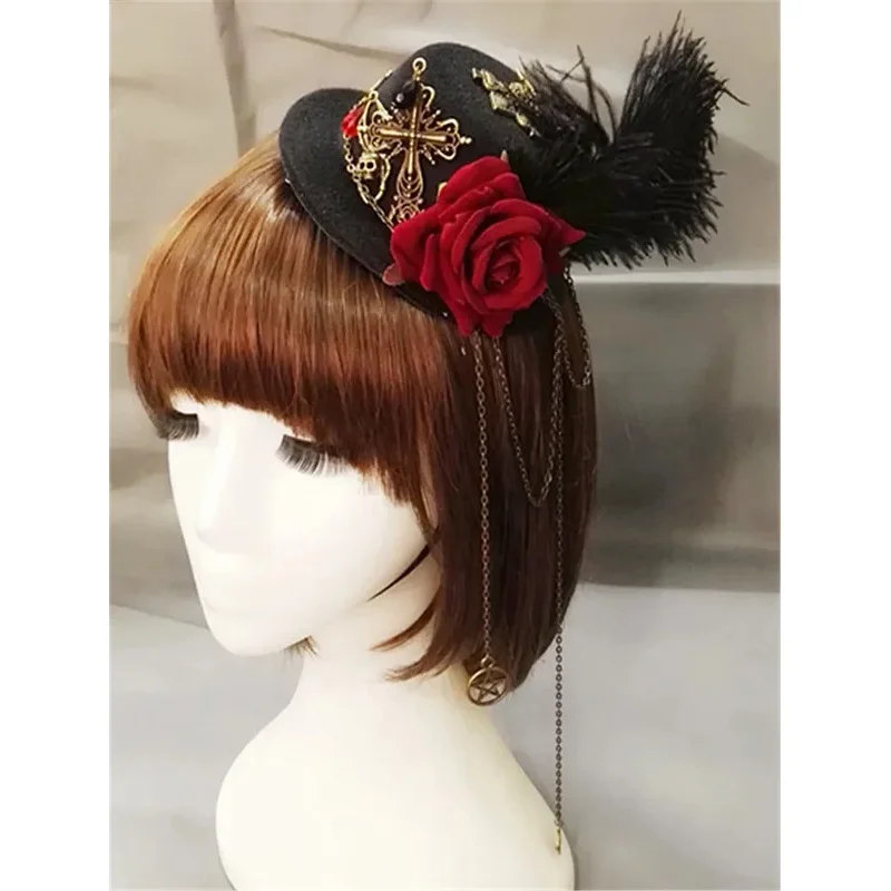 Girls vintage steampunk fedora hat Lolita little hat mini top hat hair clip floral feather decoration headwear headpiece cosplay