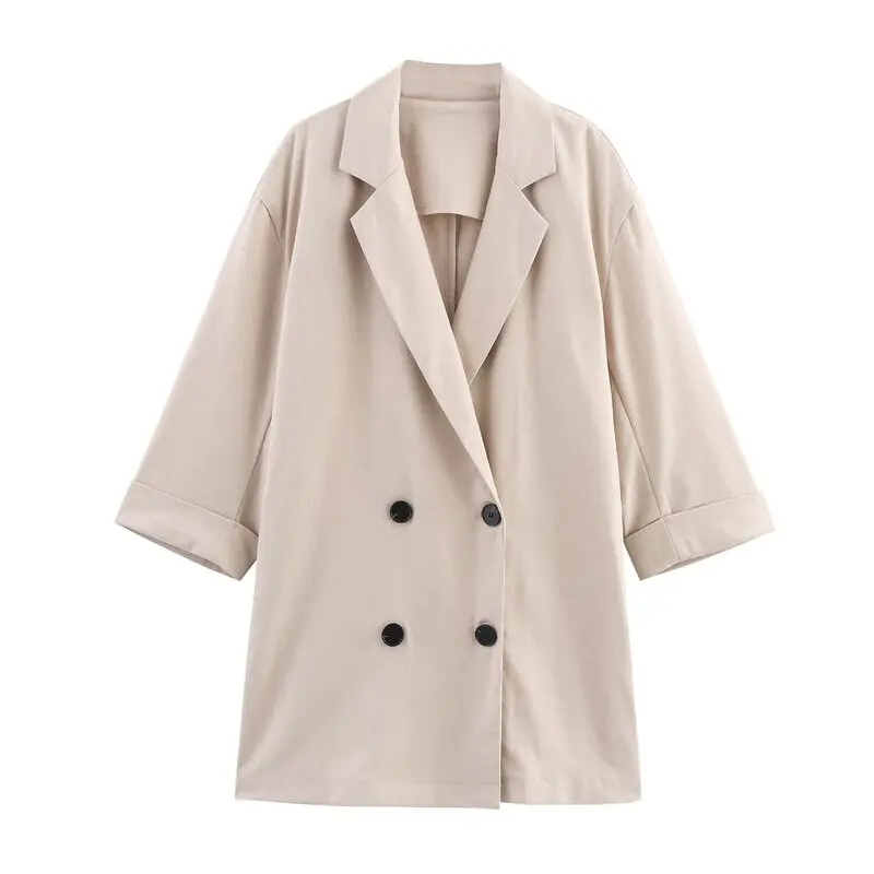 

New Summer 2025 Women's Faion Linen Suit Jaet Double Row Buttons Long Sve Turn-down Collar Two-piece Set Long Pants
