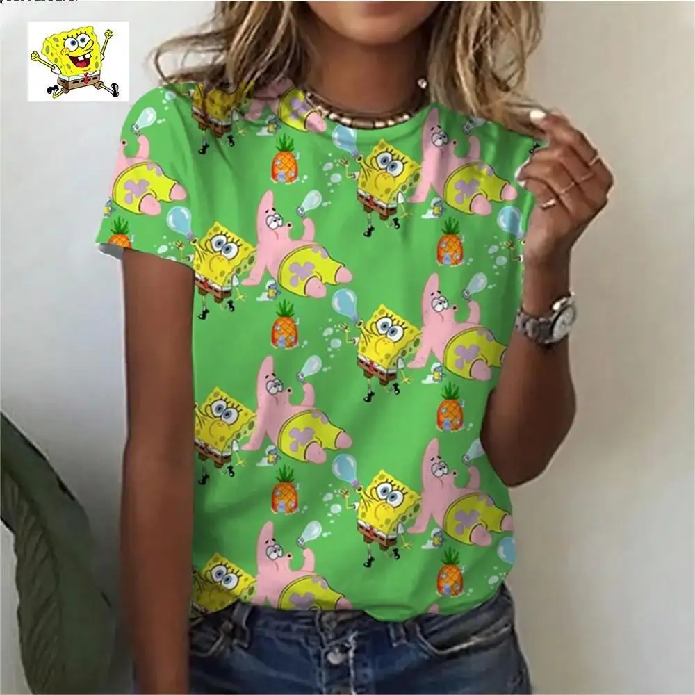 Summer fashion street trend retro boutique women\'s short-sleeved round neck T-shirt 3D printed Disney Spongebob cute T-shirt