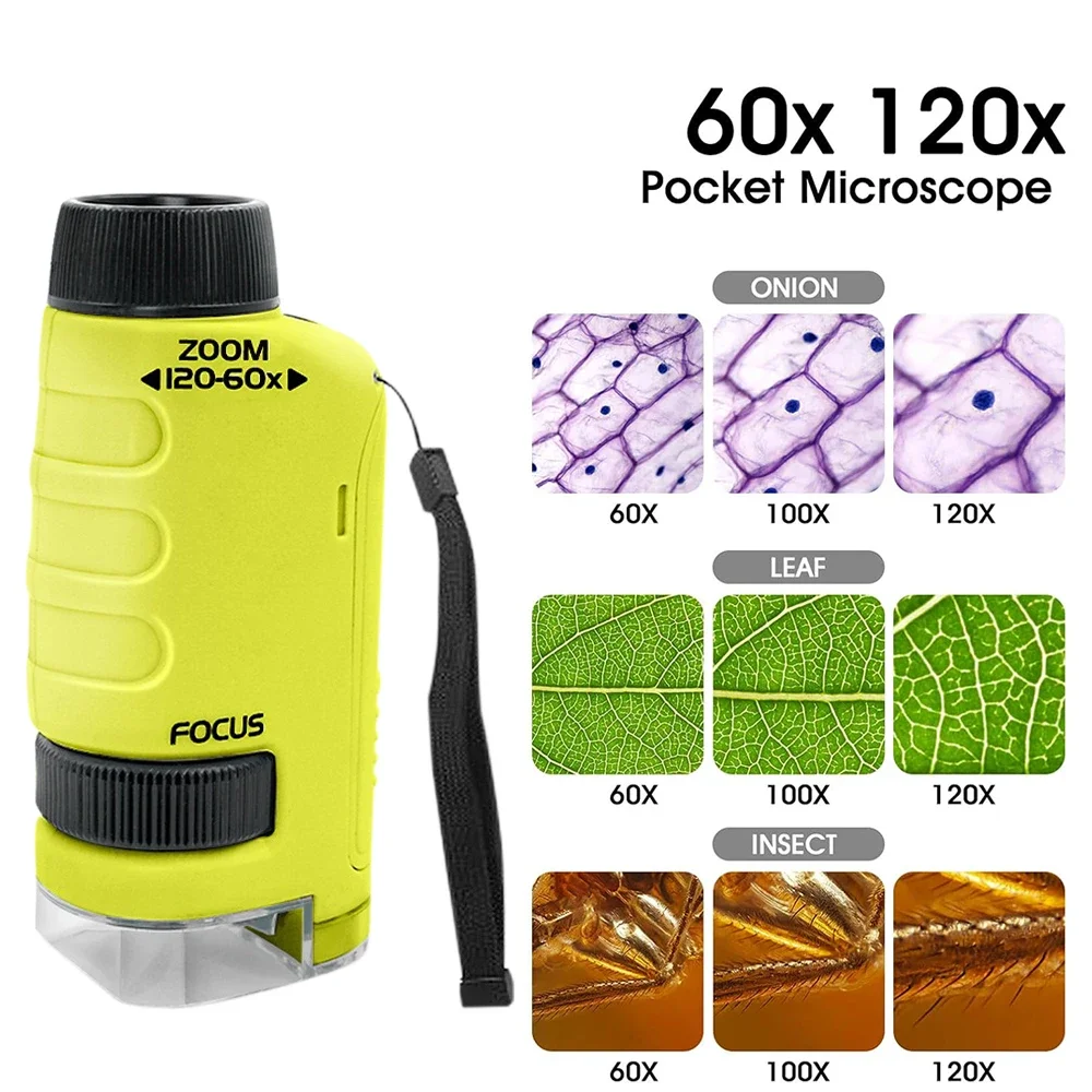 60-120X Kids Microscope Pocket Microscope with LED Portable High Definition Science Microscope Outdoor Pocket Kid Microscope