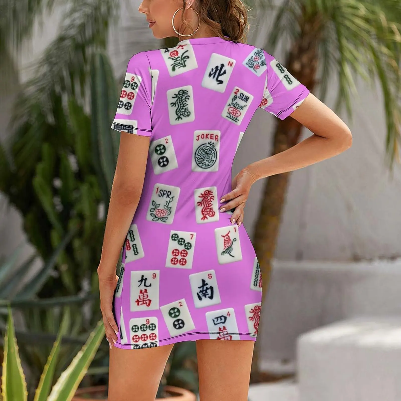 Mahjongg game tiles design on pink color Short Sleeved Dress evening dresses women Female clothing