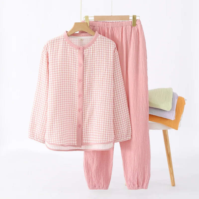 Spring and Summer Cotton Long Sleeve Cardigan Shirt Tops with Plaid Design Long Pants for Sleepwear Women's Home Clothes