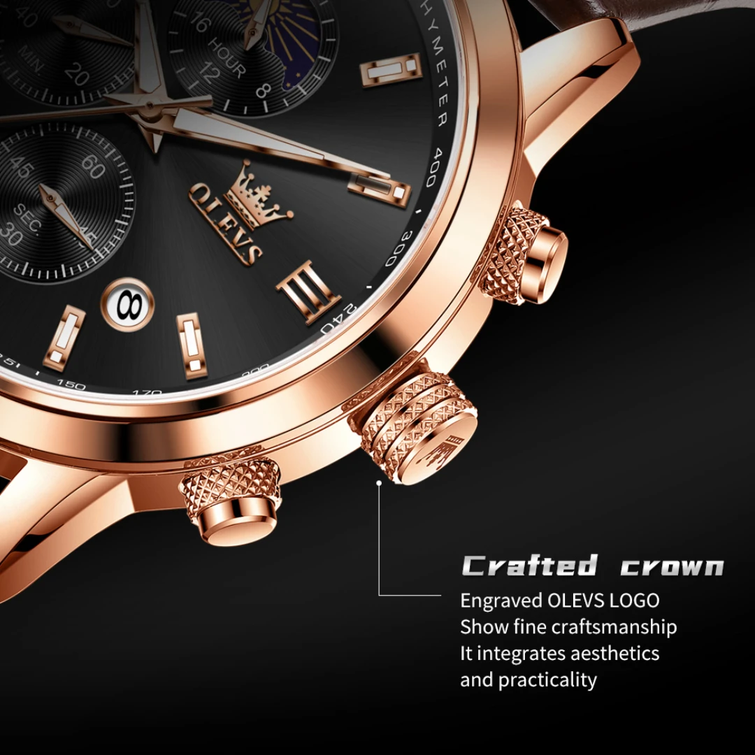 OLEVS 9812 quartz modehorloge cadeau lederen horlogeband met ronde wijzerplaat polshorloge maanfase kalender lichtgevende timer