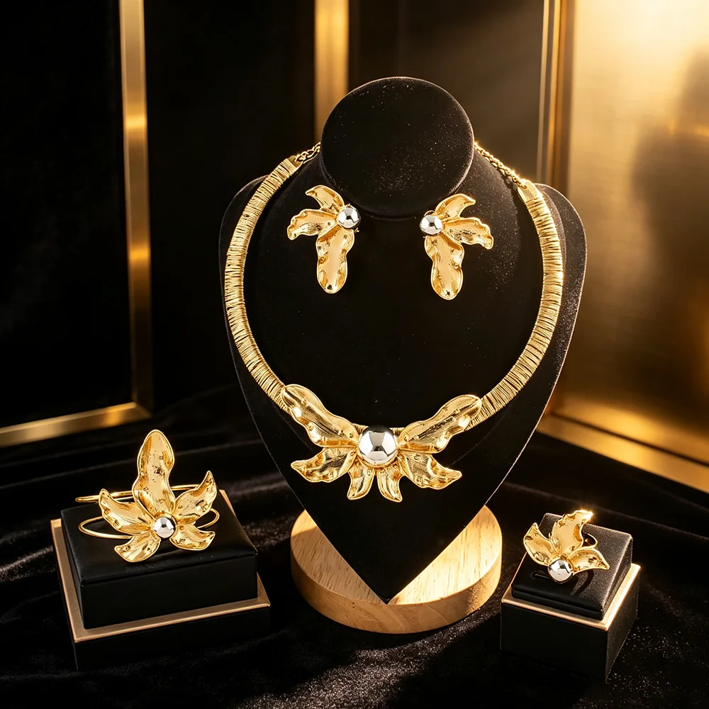 Vintage Gold Flower Jewelry Set 4Pcs Statement Necklace Earrings Bracelet Ring Luxury Bridal Wedding Party Women Accessories Gif