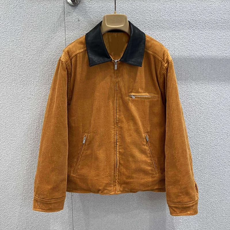 

High-quality corduroy patchwork leather collar lapel women's casual coat with multiple pockets jacket 25102288