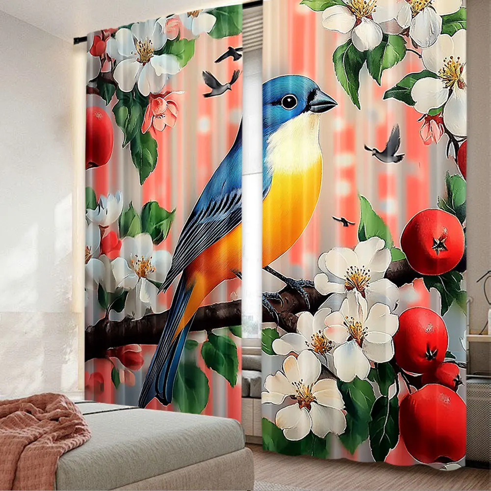 2Pcs Flower Bird Curtain Floral Blossom Cute Bird Nature Spring Rustic Landscape Home Decor Modern Simplistic Drapes