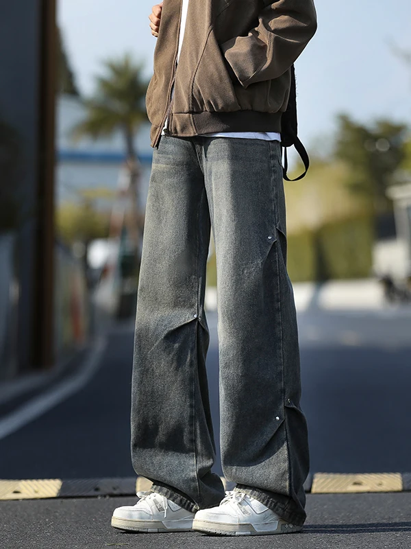 

Trendy Brand Men's Loose Fit Straight Leg Workwear Denim Jeans Spring Season Drapey Folded Cuff Casual Trousers 2026 New Arrival