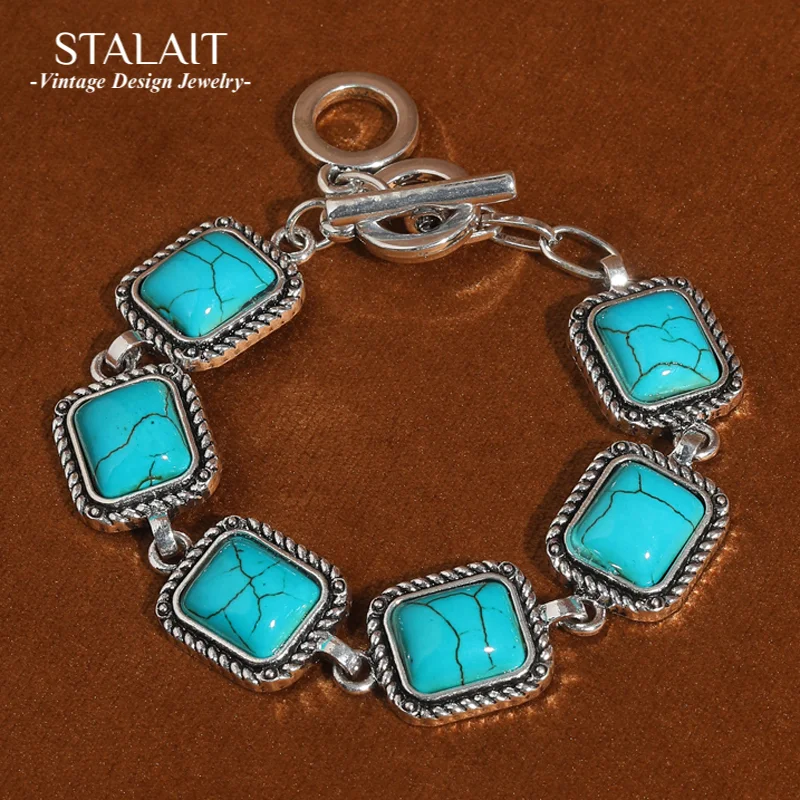 

Vintage Jewelry Square Turquoise Bracelet Retro Style Silver Color Charm Bangle For Woman Bohemia Luxury Girlfriend Gift 2025