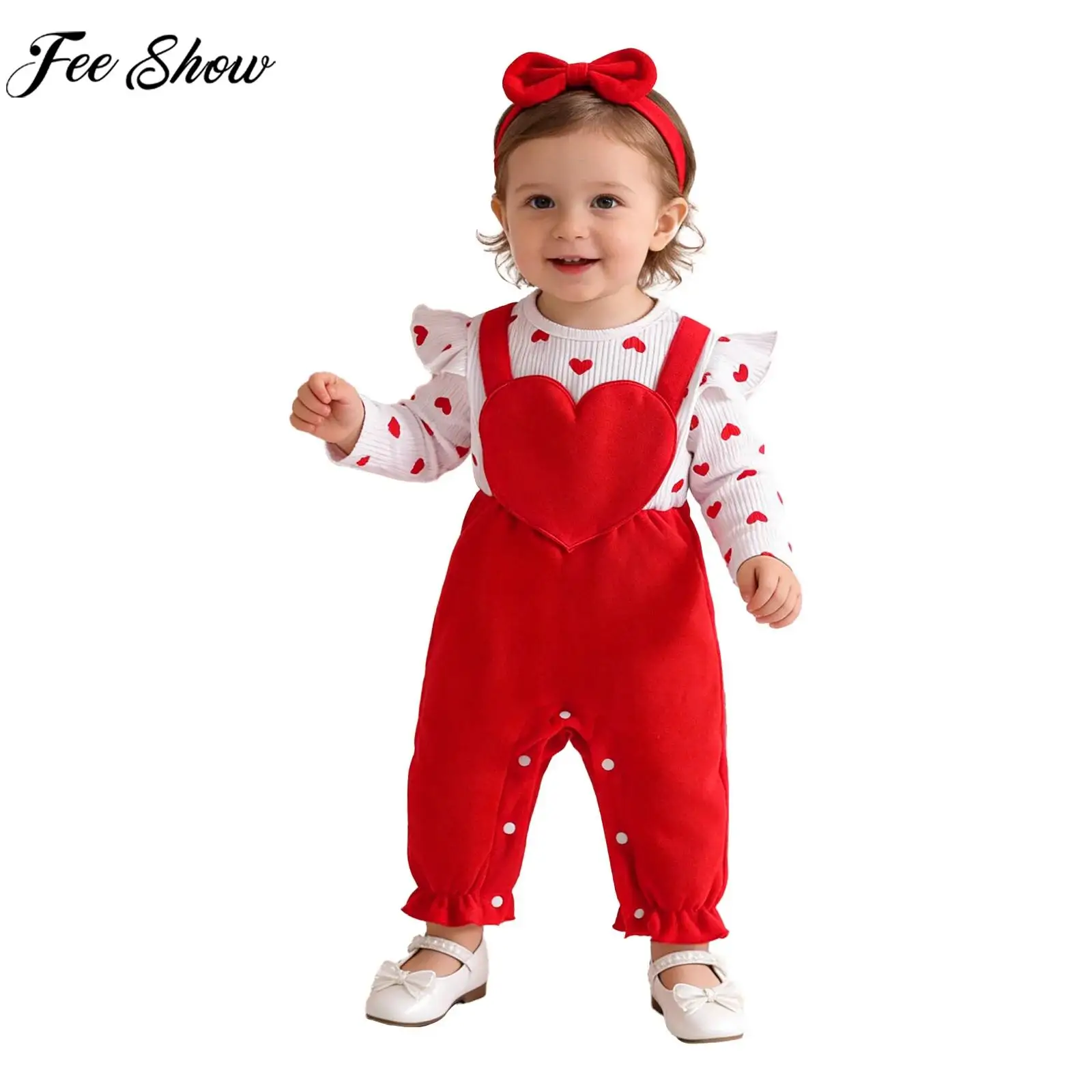 

Одежда для фотосессии на День святого Валентина и день рождения для маленьких девочек, комбинезон с рюшами и длинными рукавами и принтом в виде сердечек, комбинезон с повязкой на голову