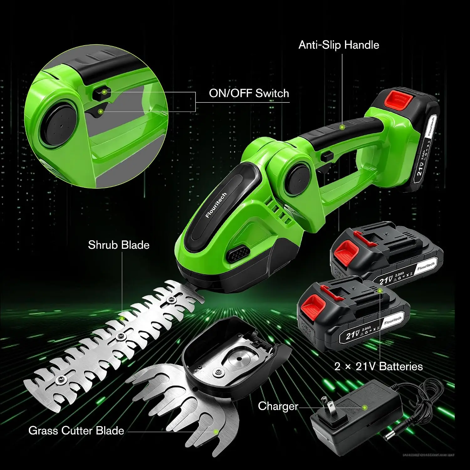 Battery-Powered Cordless Hedge Trimmer, Includes Two 21V Batteries
