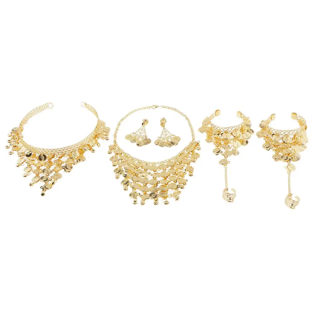 مجموعة مجوهرات الغجر للرقص الشرقي، عصابة رأس معدنية غريبة، أقراط وقلادة وأساور لأداء عرض الحفلات #4