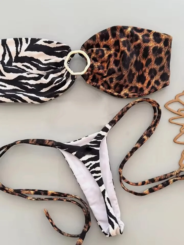 

Vzvn Sexy Leopard Strapless Thong Bikini Women Split Swimsuit Beach Vacation Bikini 2026 All Season Backless Bikinis 2 Piece Set
