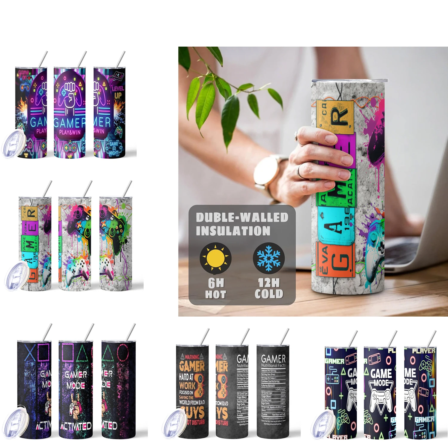20oz Tumbler gamer win mode Vacuum cup Double Stainless Steel Water Bottle with Straw for Hot or Cold Drink The Best Player gift