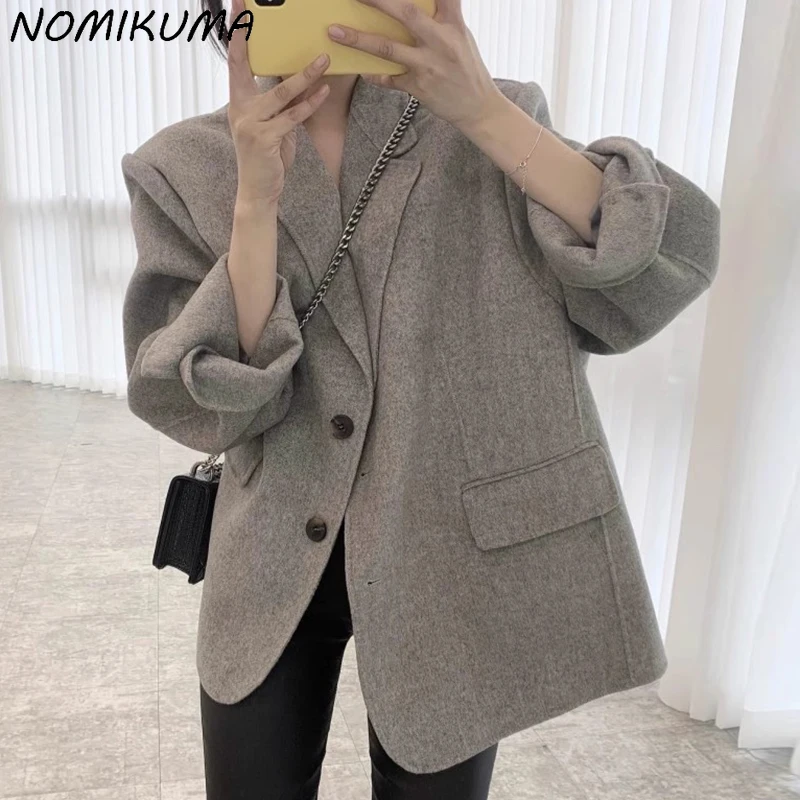 Nomikuma Korean Chic Autumn Turn-down Collar Design Coat Women 2023 New Cardigan Tops Elegant Fashion Woolen Jacket