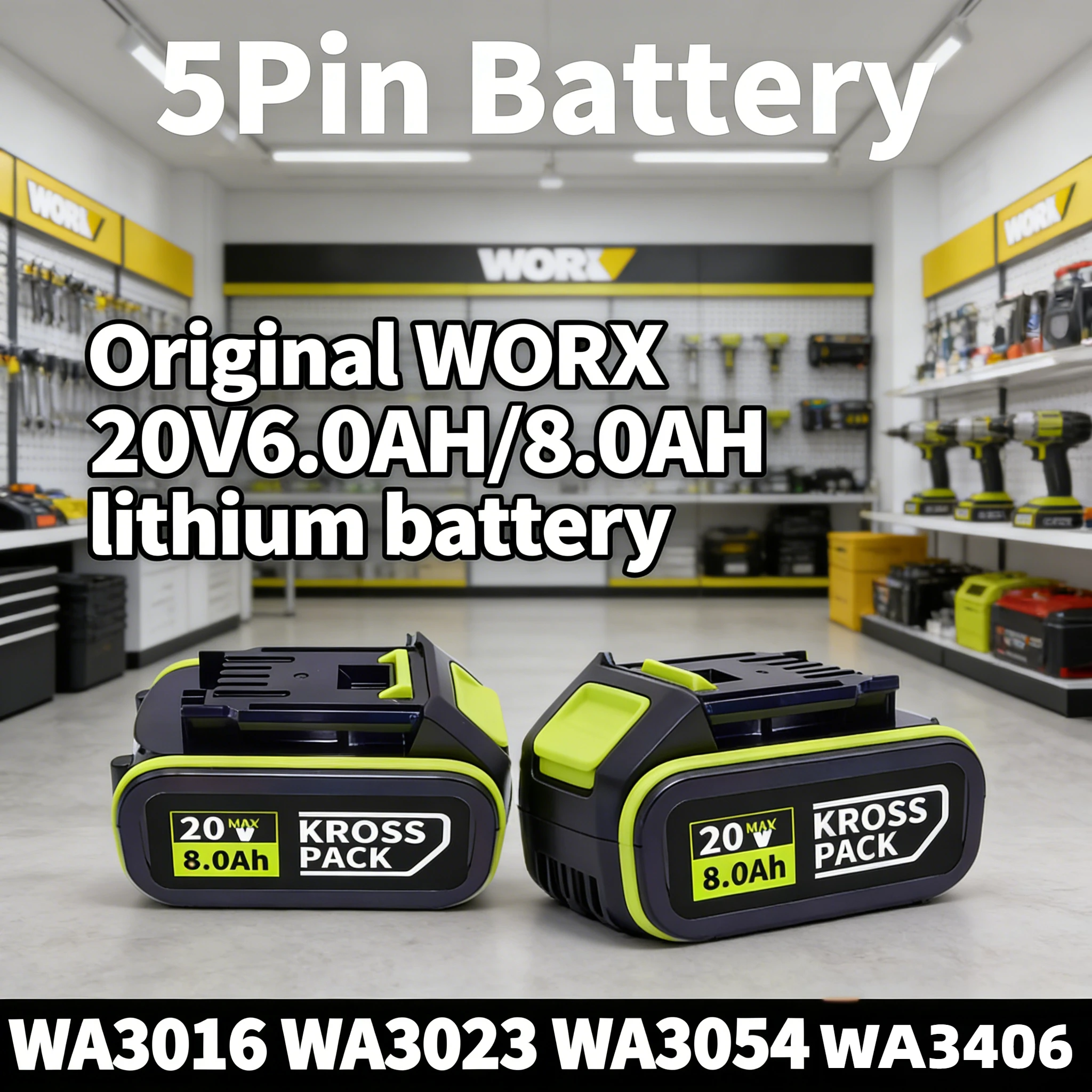 

WORX 20V 6.0Ah/8.0Ah 5pin Li-ion Battery WA3016 WA3023 WA3027 Rechargeable Battery For WORX Cordless Power Tools Replacement