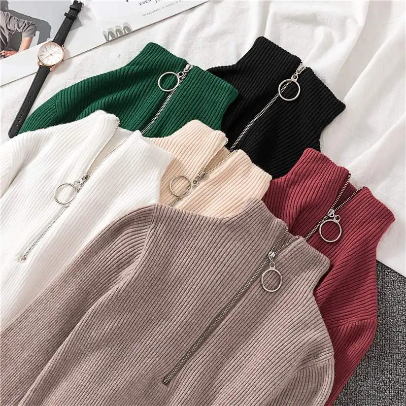 Women Fashion Solid Knitted Sweaters Vintage Zip-up Basic Half Turtleneck Sweater Female Pullovers Chic Casual Tops