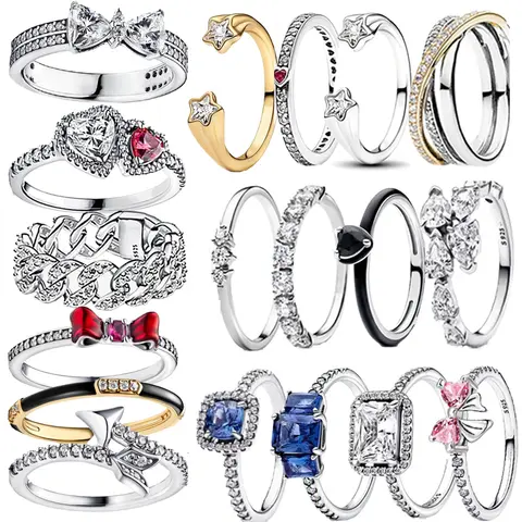 New Rings Original 925 Sterling Silver Bow Heart Sun Moon Star Flower Crown For Women Valentine's Birthday Gift DIY Jewelry