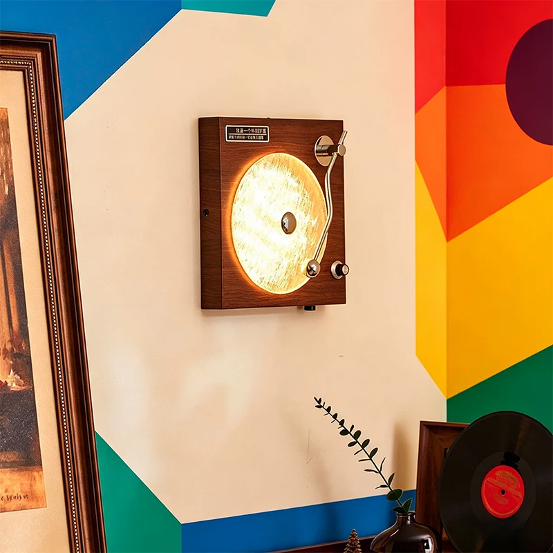 

Medieval Walnut Color Record Player Wall Lamps Bedroom Bedside Lamp American Retro Study Room Living Room Phonograph Wall Lights