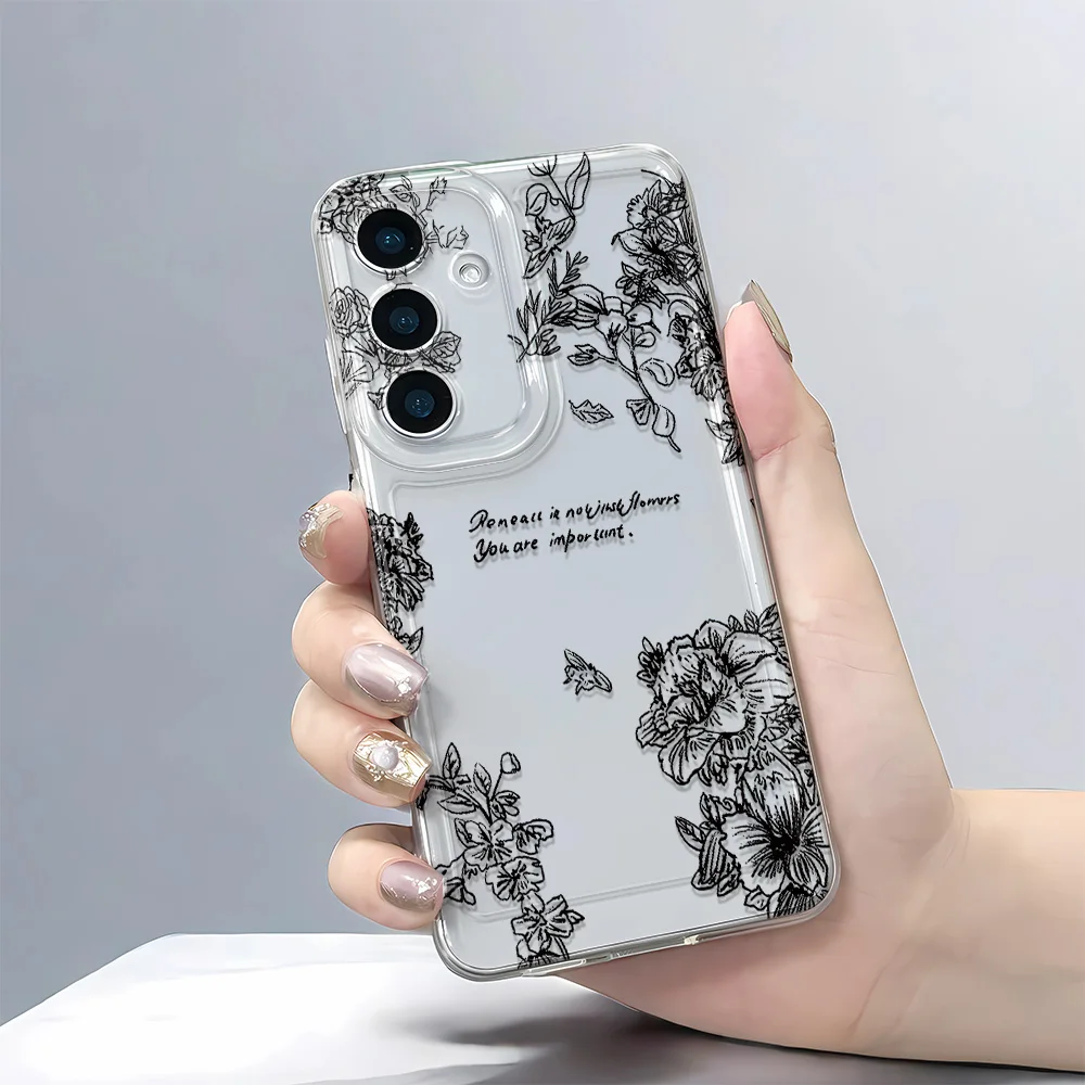 Anti-Fall Protector For Samsung A71 A52 A32 A23 A13 5G A03 Core A02 White Line Retro Flowers A11 A22 A33 5G Case