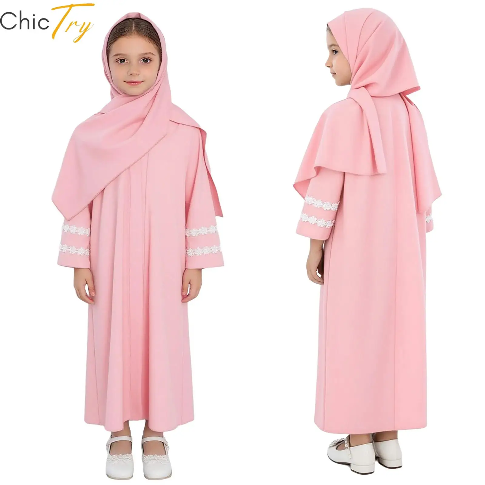 

Детский мусульманский наряд для девочек: платье-абайя с длинными рукавами и разрезом, хиджаб-шарф, кафтан, комплекты из Дубая с кружевной отделкой