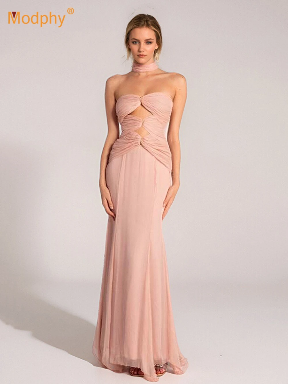 

Modphy Fashion Women's Pink Scarf Maxi Dress Strapless Sleeveless Hollow out Sexy Evening Party Gowns 2024 New