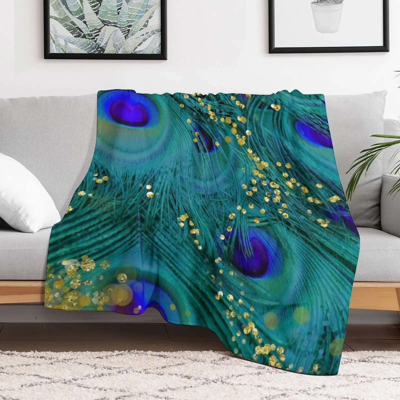 Dreamy peacock feathers, teal and purple, glimmering gold Throw Blanket Comforter Large Luxury St Blankets