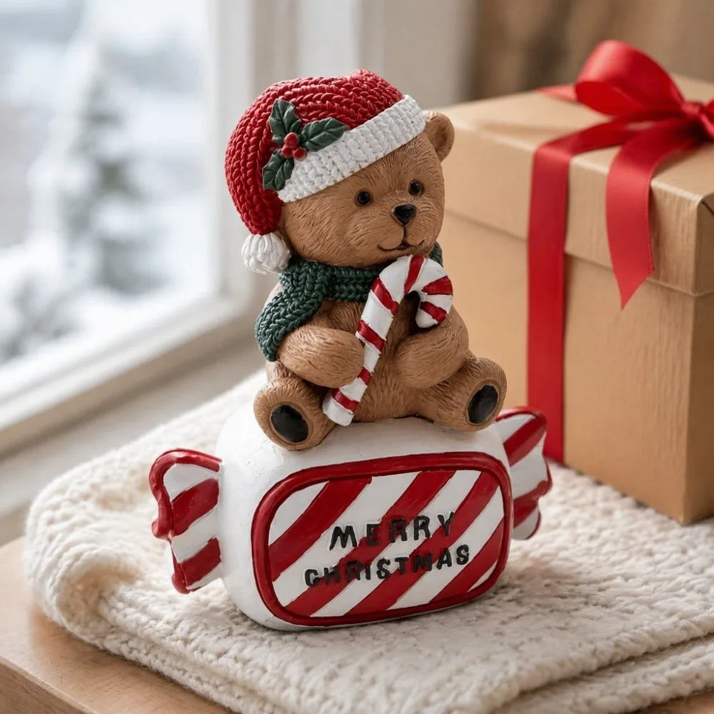 Display Resin Christmas Bear Figurine Candy Desktop Resin Figurine Tabletop Christmas Bear Decoration Home Party