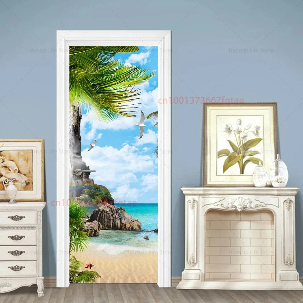 3D Tropical Beach Door Sticker Palm Tree Seaside Sunset Ocean Underwater Landscape Removable Self Adhesive Wallpaper Home Decor