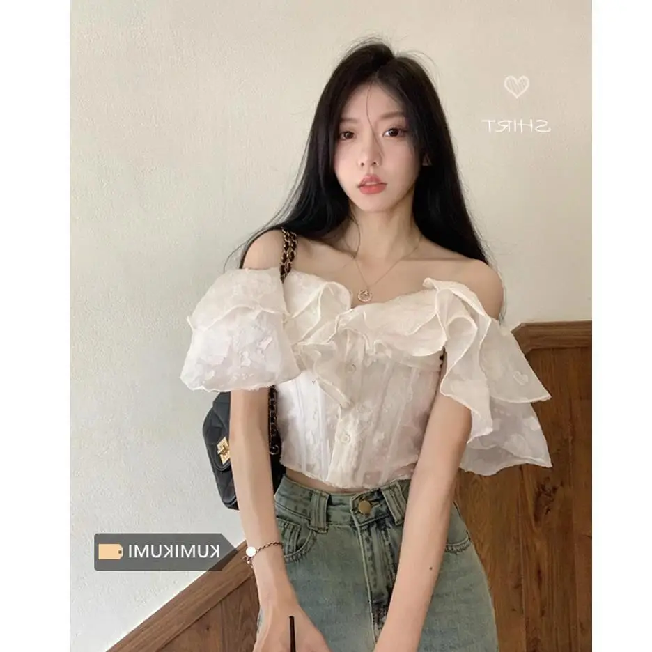 French White Ruffled One-shoulder Shirt for Women in Summer Fish Bones to Slim Short Off-shoulder Top