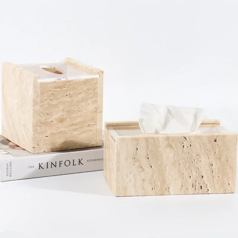 Rectangle and Square Natural Marble Tissue Box Vintage Beige Travertine Stone Storage Organization Case