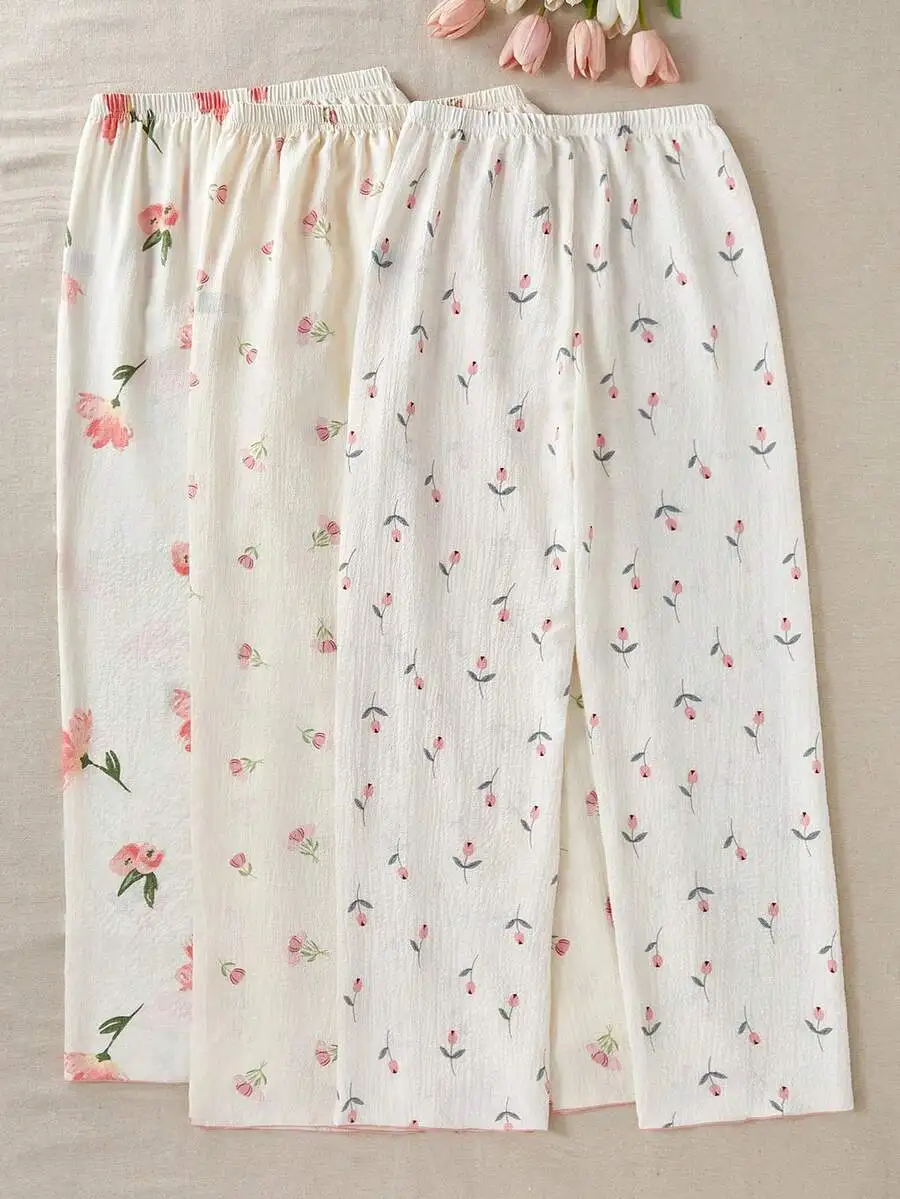 

3pcs Women Floral Print Pajama Pants Bubble Ruched Waist Soft Cotton Sleep Pants