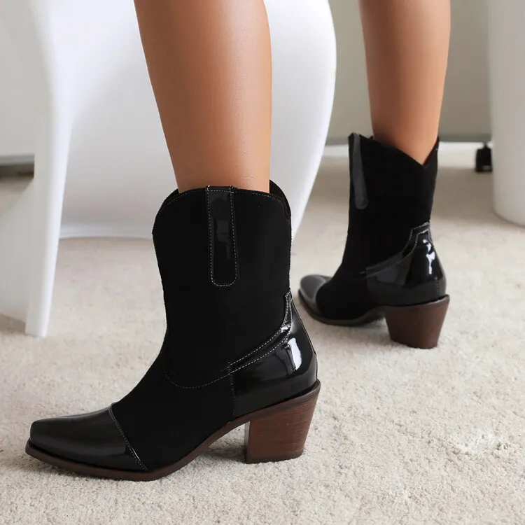 British Retro Color Matching Chelsea Short Boots Square Head Thick Heel Heightening Knight Boots Large Size Women's Boots 34&48