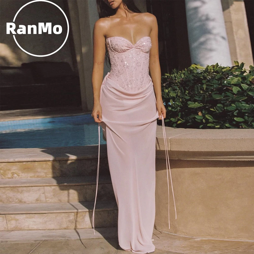 

Сексуальное розовое платье-русалка Ranmo для выпускного вечера, шелковистое, с вырезом «сердечко», без рукавов, с иллюзией пайеток и складками, для вечеринок, на заказ, 2026