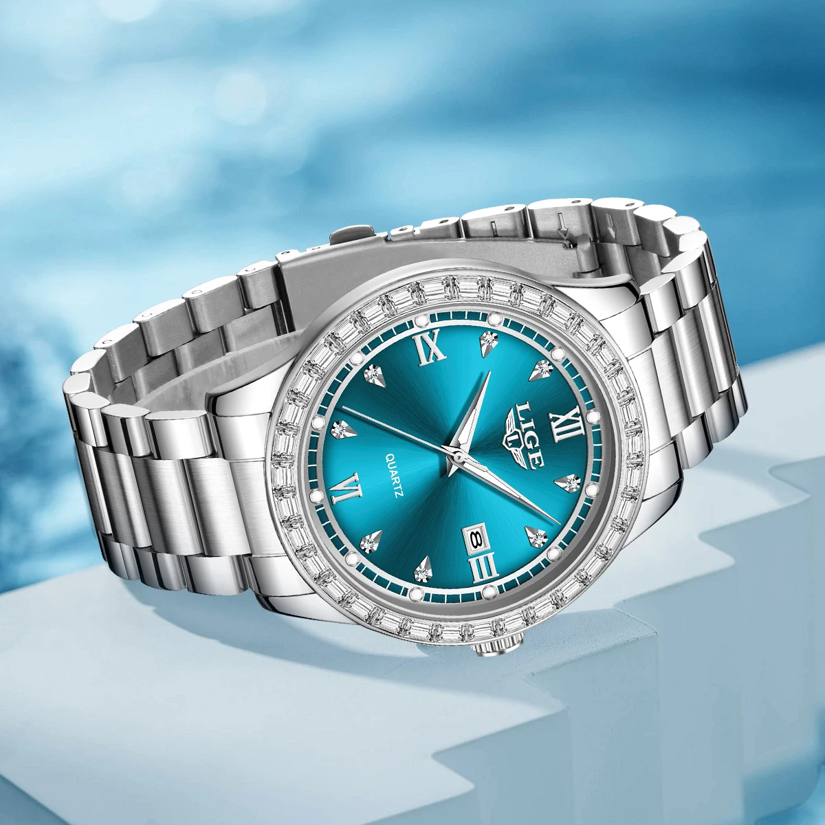 LIGE Luxury Fashion Quartz Watches for Men Simple Business Calendar Diamond Steel Band Waterproof Luminous Man Watch Male Gifts