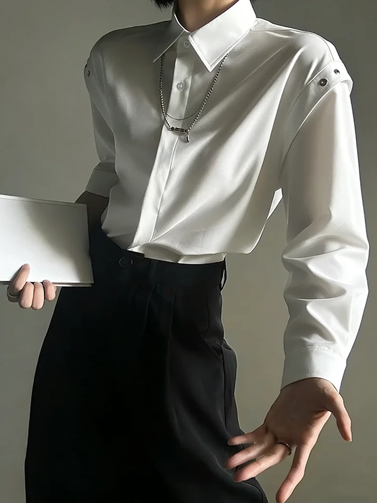 

White Fake Two-Piece Long Sve irt Men's Spring Autumn High-End Feeling Cool Deconstructed oulder Flip Collar irt Jaet