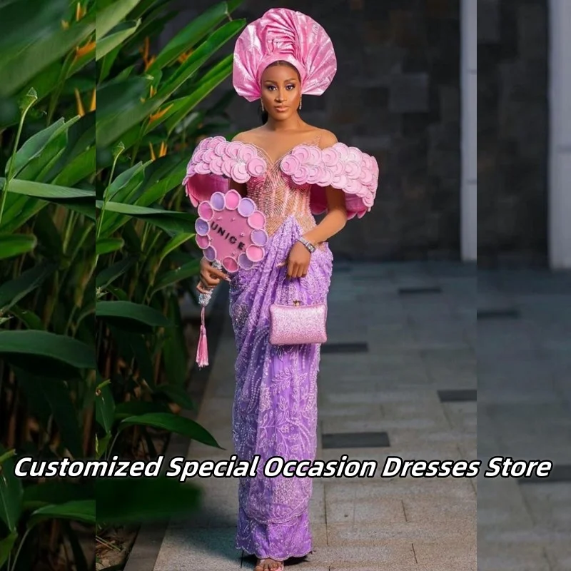 

High Quality Purple Lace Applique Evening Dresses For African Girls Aso Ebi Nigerian Wedding Party Dress Prom Gowns Customized