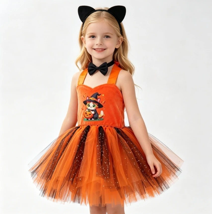 Girls Cute Cartoon Cat Style Tutu Dress With Cat Ear Headband Tail Set Kids Halloween Animal Themed Party Dress Up Fancy Outfit