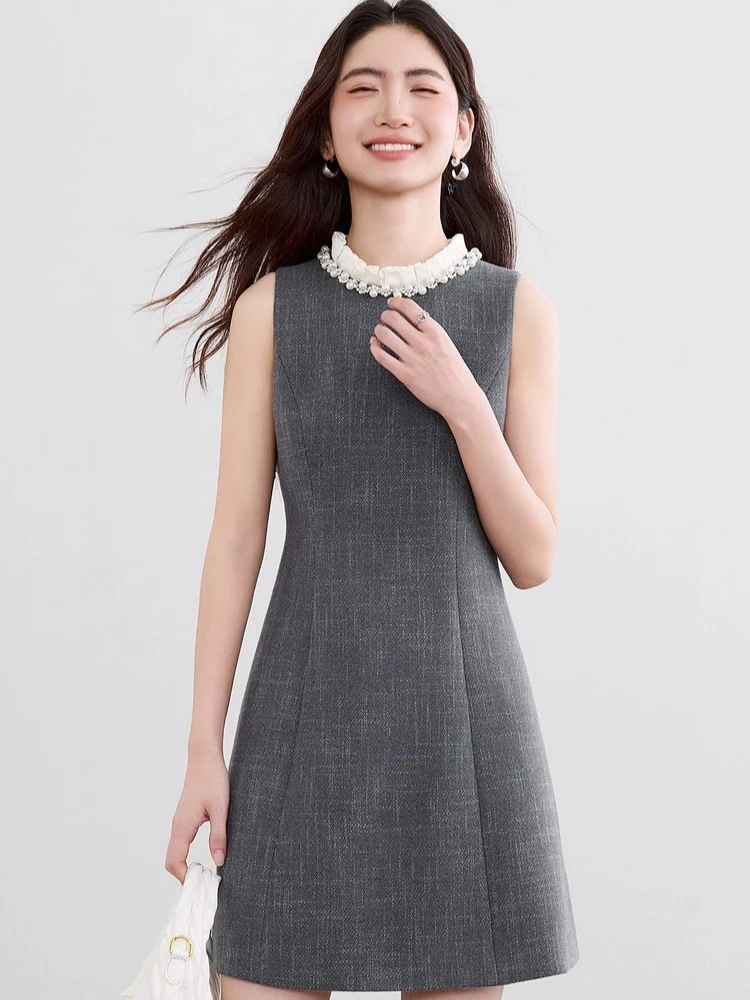 

SENTUBILA Women's Fashion Vest Dress 2025 Autumn Handmade Nail Beads Embroidery Sleeveless Commute Elegant Short Dress 153LP3344