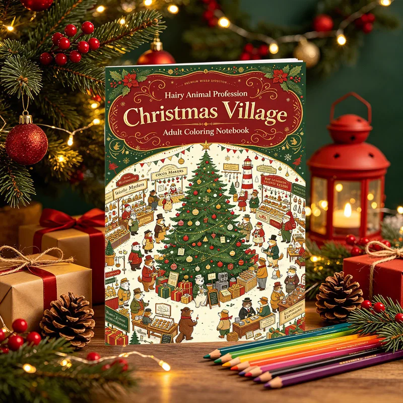 Christmas Plush Town Coloring Book, Adult Stress Relief Coloring Pages, Single-Sided No Bleed Anti-Transparent Art Drawing Book