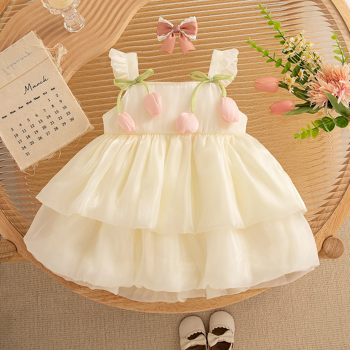 Baby Girl Dress Summer Tulip Pattern Solid Color Halter Puffy Girls Dresses Cute Casual Princess Dress Baby Girl Clothing