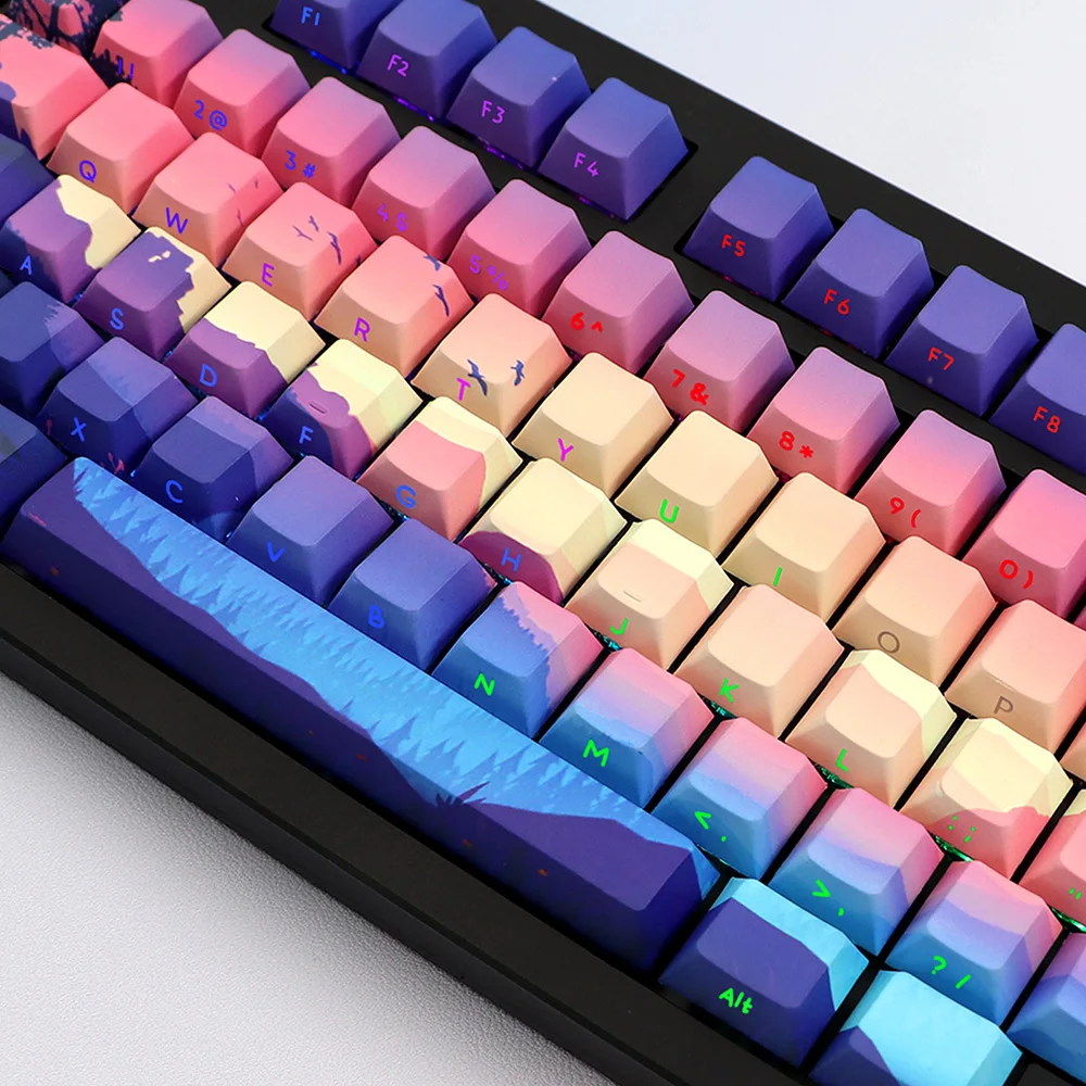 

124 Keys Purple Environment Backlit Keycaps Cherry Profile Side Print Keycap PBT 5-side Dye Sublimation Keyboard Key Cap