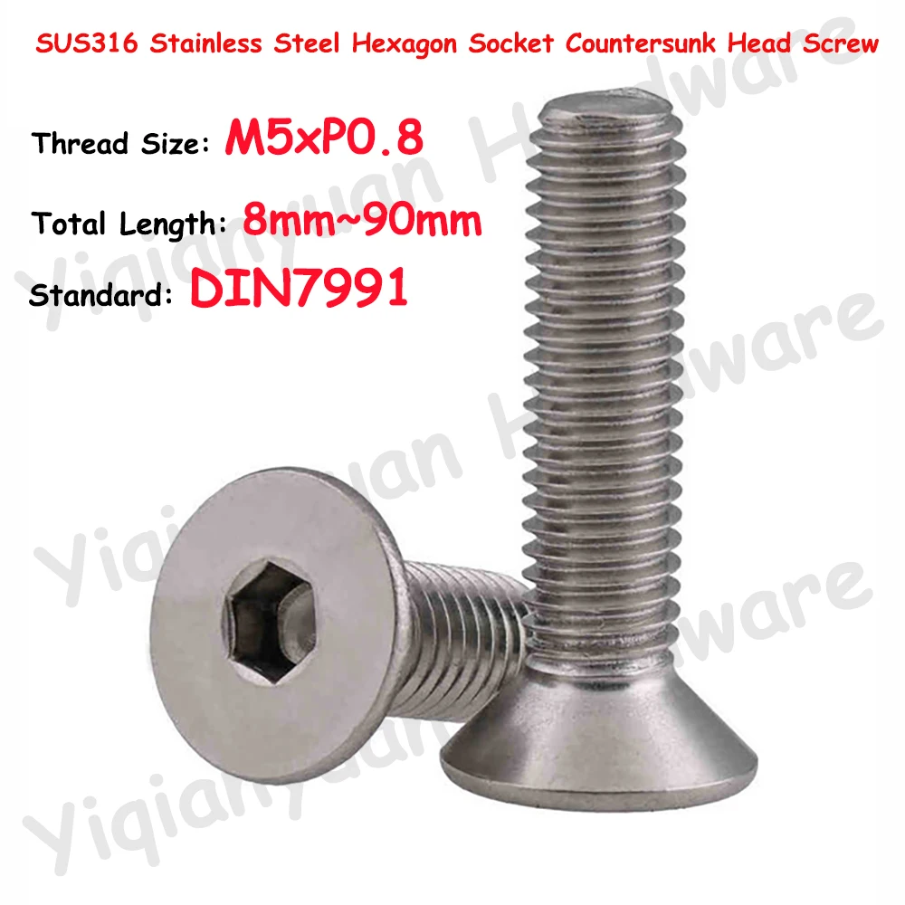 

SUS316 Stainless Steel M5xP0.8 Coarse Thread DIN7991 Hexagon Socket Countersunk Head Screws Allen Key Bolts Flat Hex Screws