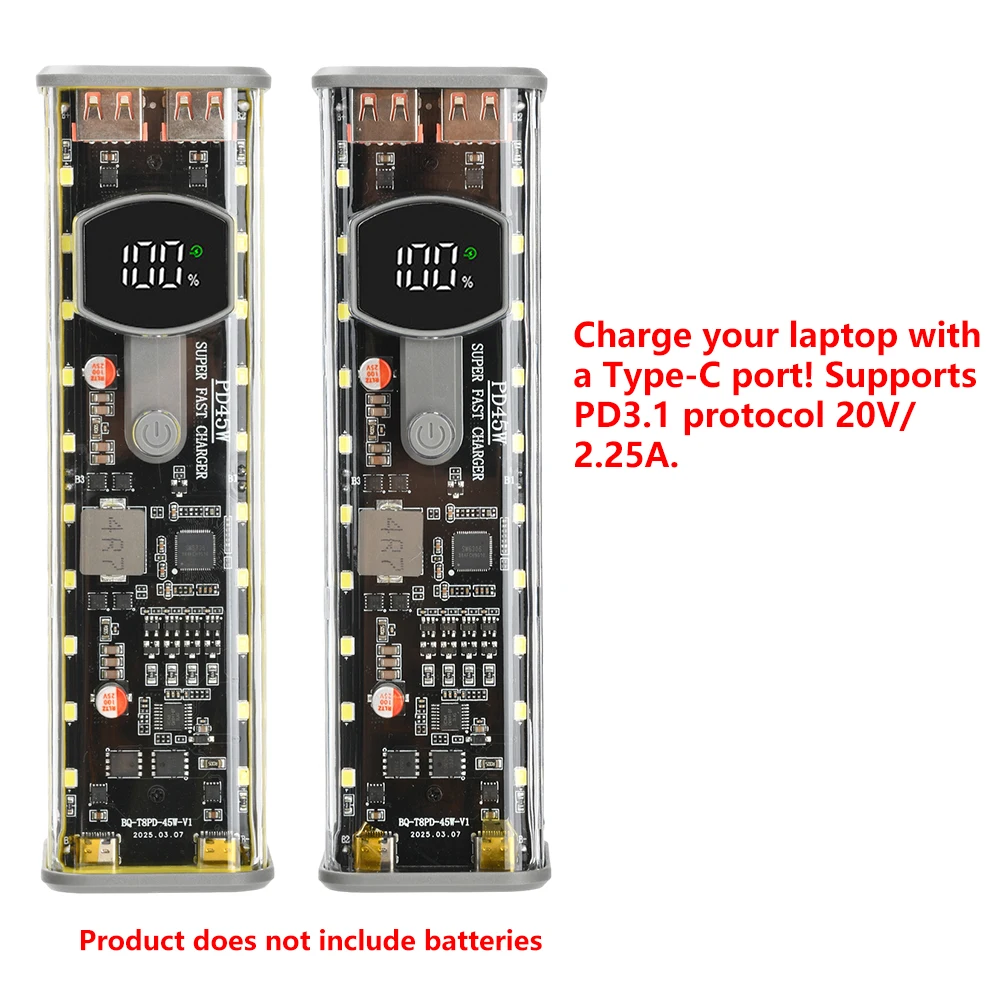 

DIY Powerbank Kit PD 45W Fast Charging with 8x18650 Batteries LED Screen Transparent Storage Case for Electronic Projects