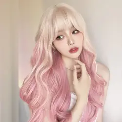Peluca larga ondulada blanca y rosa para mujer, pelucas sintéticas de fiesta diaria, rubia clara con flequillo, disfraz de Lolita, rubia Barbie