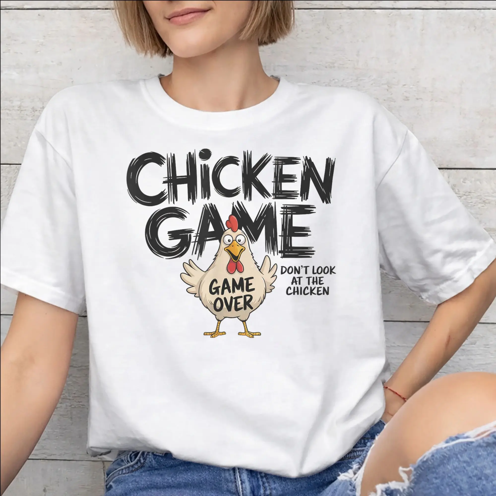 Chicken Game Dont Look At The Chicken Graphic Printing T Shirts for Men Women  100% Cotton  Tee Shirt Clothing