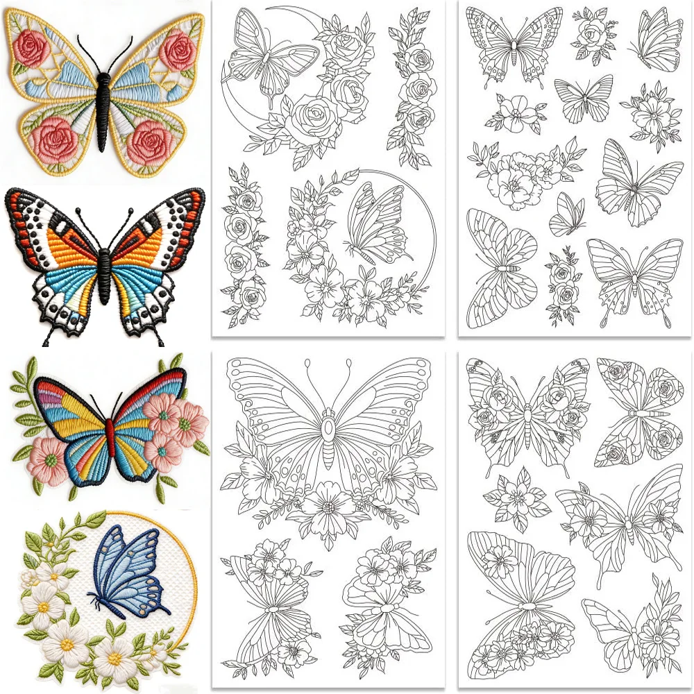 Estabilizador de Bordado Soluble en Agua Stick and Stitch, 4 Hojas con Patrones de Mariposas y Flores, Adhesivo Lavable, Tela No Tejida